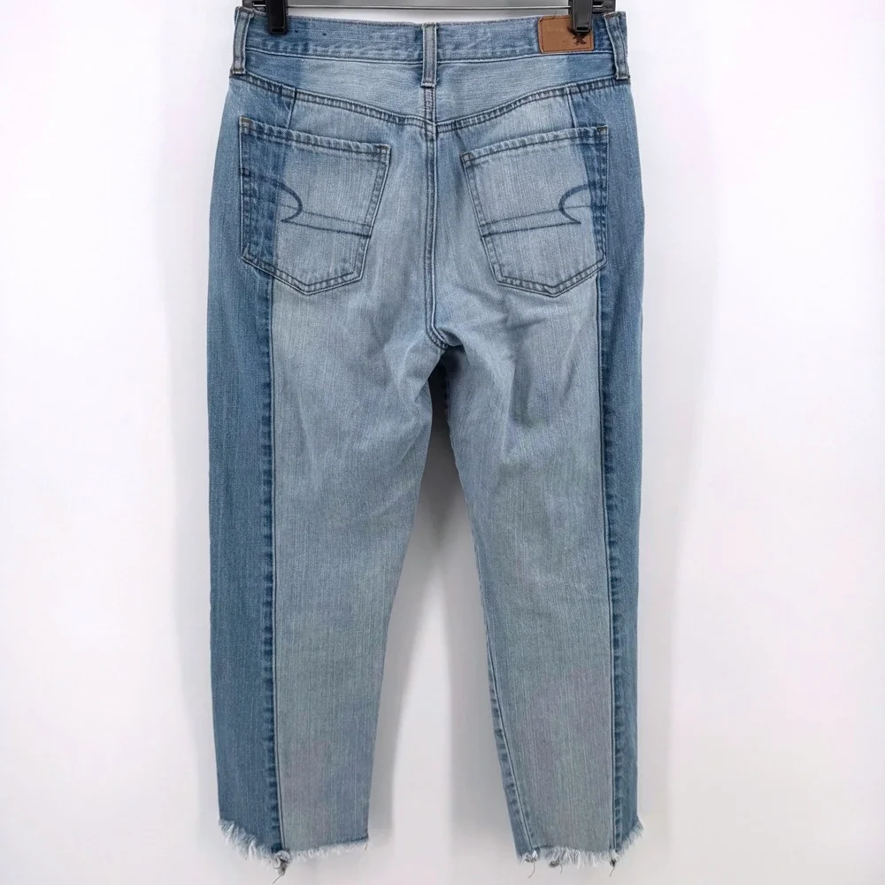 American Eagle Size 8 Vintage Hi-Rise Two Tone Paneled Jeans Blue Cotton Frayed - Picture 3 of 8